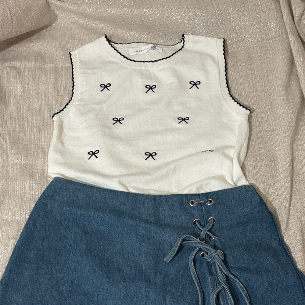 Altar'd State White Knit Tank with Black Bow Embroidery